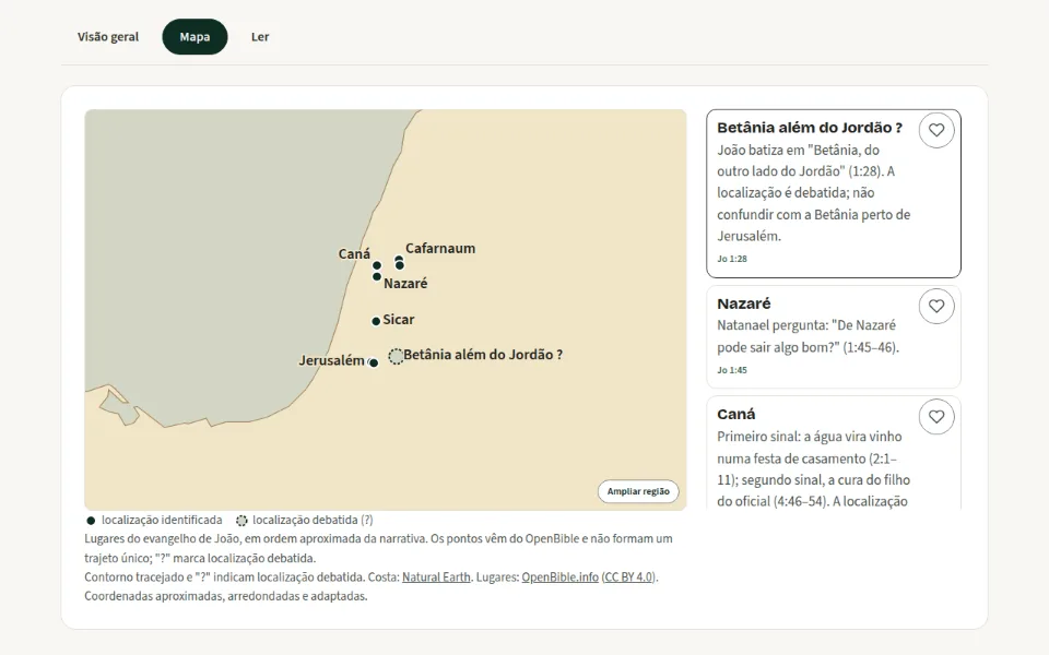 Mapa dos lugares citados no Evangelho de João, com a lista de lugares ao lado