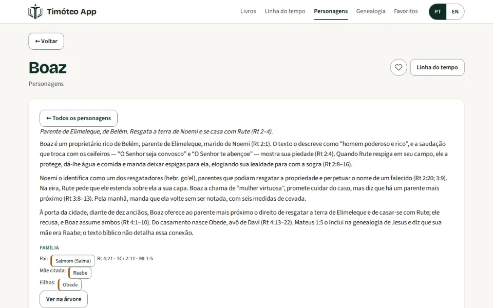 Página de Boaz, personagem bíblico: resumo com referências e o bloco Família, com pai, mãe e filhos, e o link para a árvore genealógica